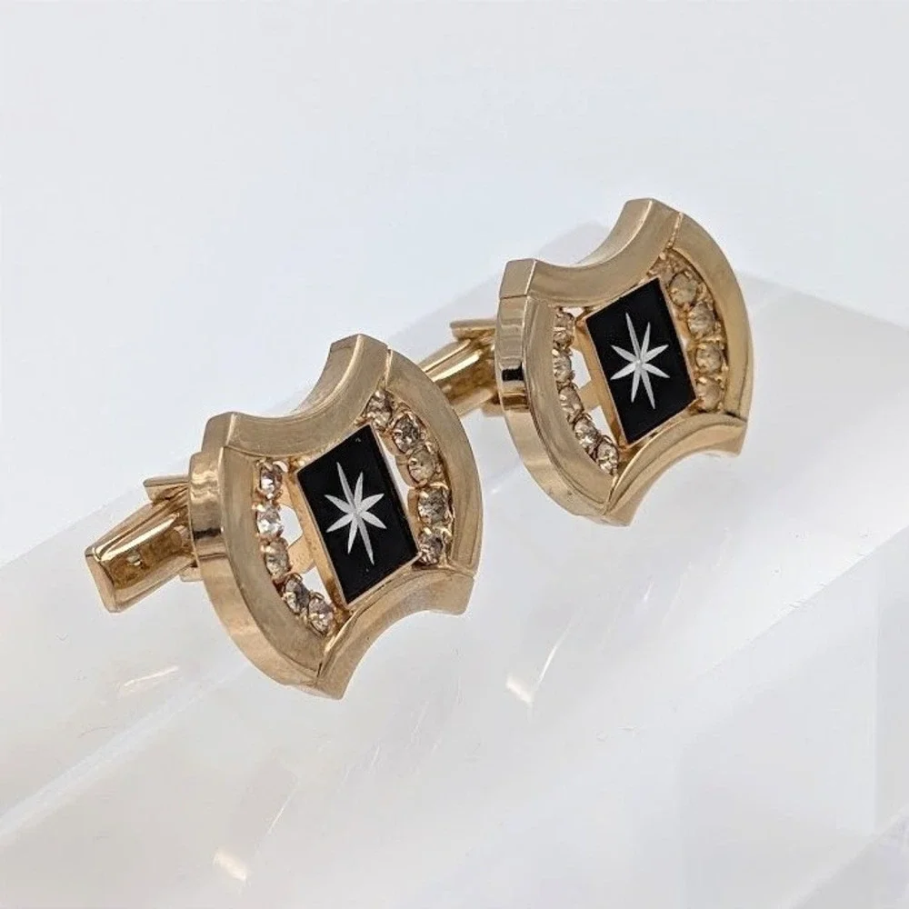 Vtg Atomic Starburst Cufflinks MCM Gold Tone Black Enamel Rhinestone Pat 2974381